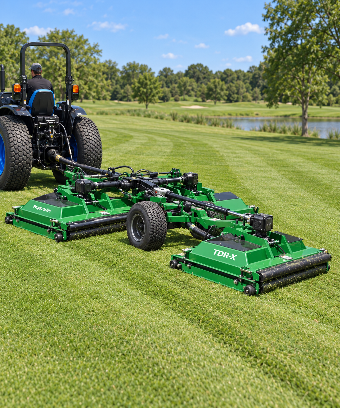 Progressive TDR-X mower working on turf behind a Region-style tractor