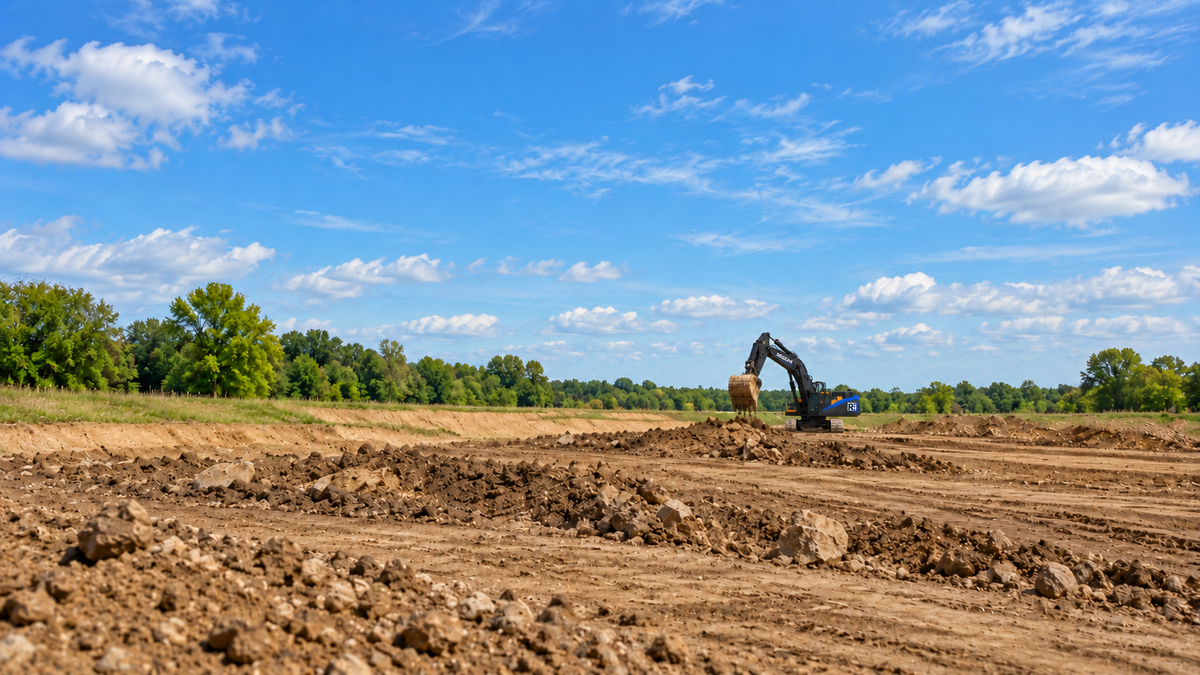 Region Equipment excavator moving earth with a heavy-duty bucket at a construction jobsite.