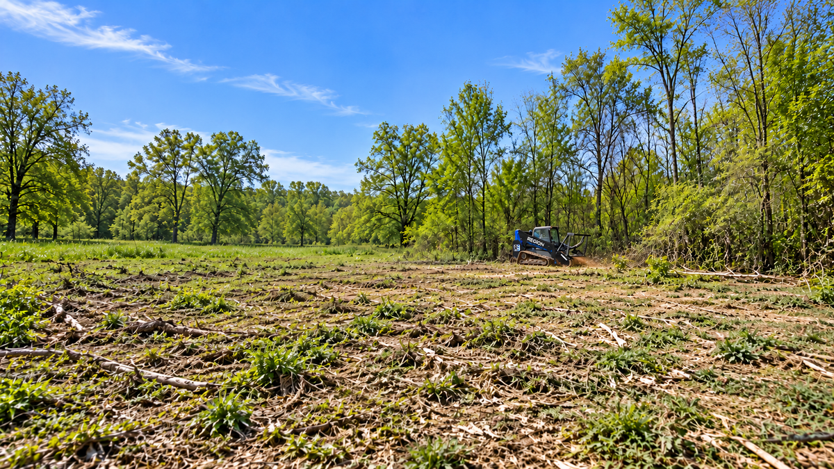 Region Equipment skid steer using a drum mulcher at a woodland clearing.