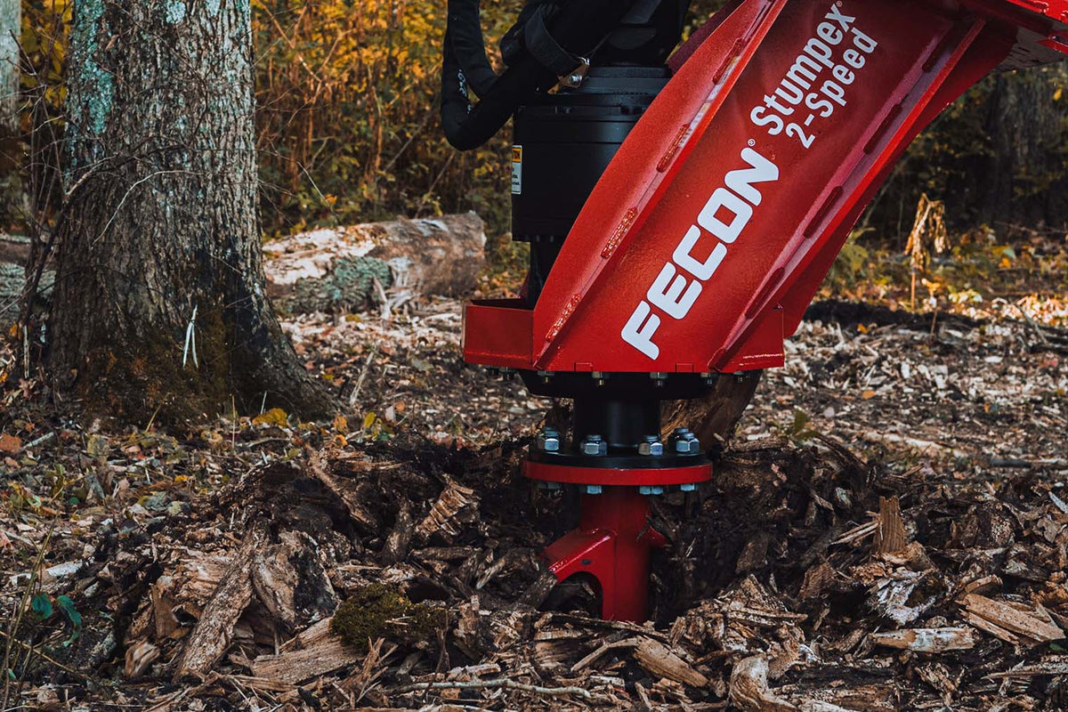 FECON SHX34EXC STUMPEX 2-Speed Excavator Stump Grinder in operation