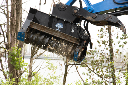 Blue Diamond Excavator Drum Mulcher — Heavy Duty — mounted on an excavator clearing vegetation