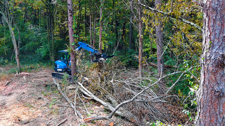 Mini excavator using Blue Diamond heavy duty brush cutter for land clearing