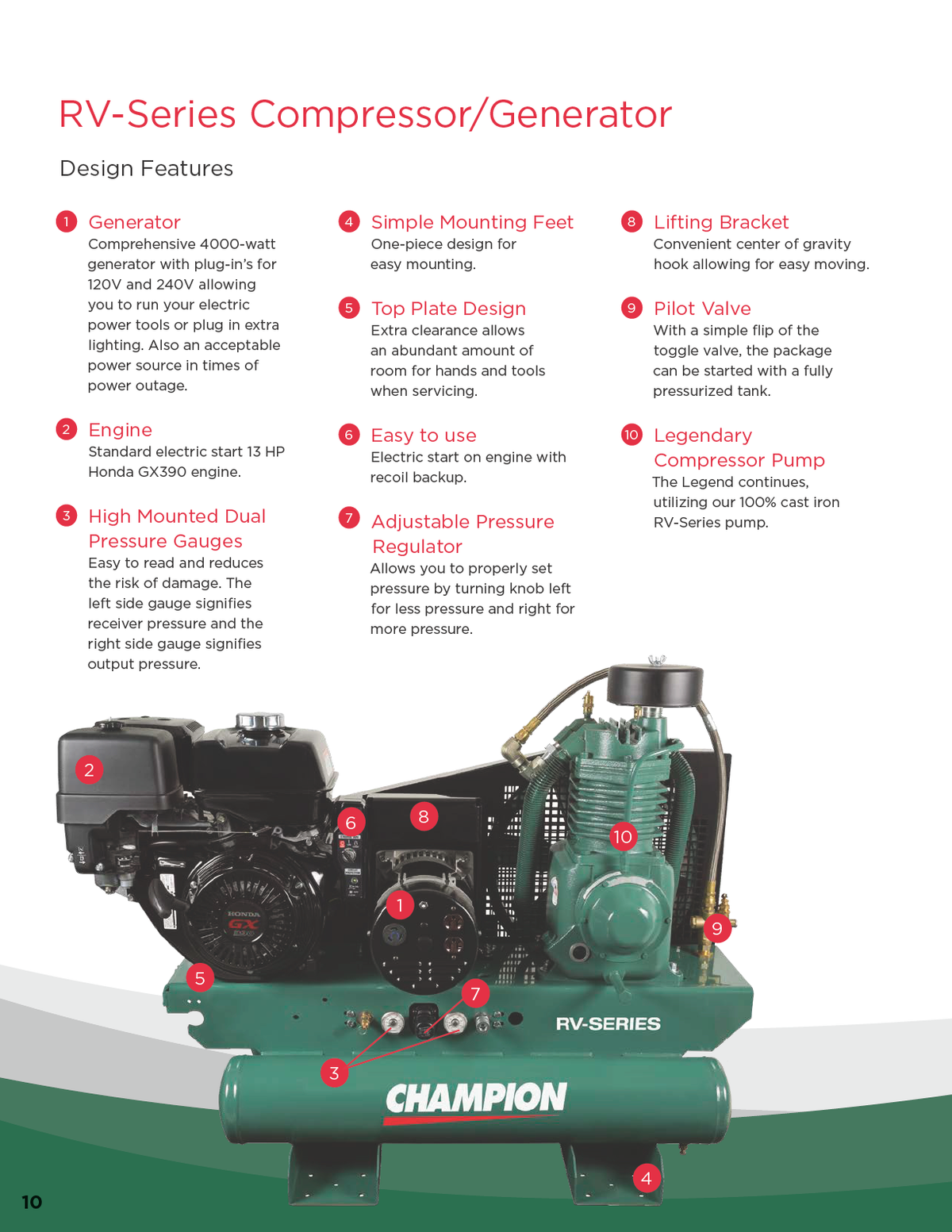 Champion RV-Series HGRV7-LPH-G compressor and generator with Honda GX390 engine — manufacturer feature illustration