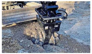 Blue Diamond Rock & Concrete Grinder — mounted on an excavator grinding rock