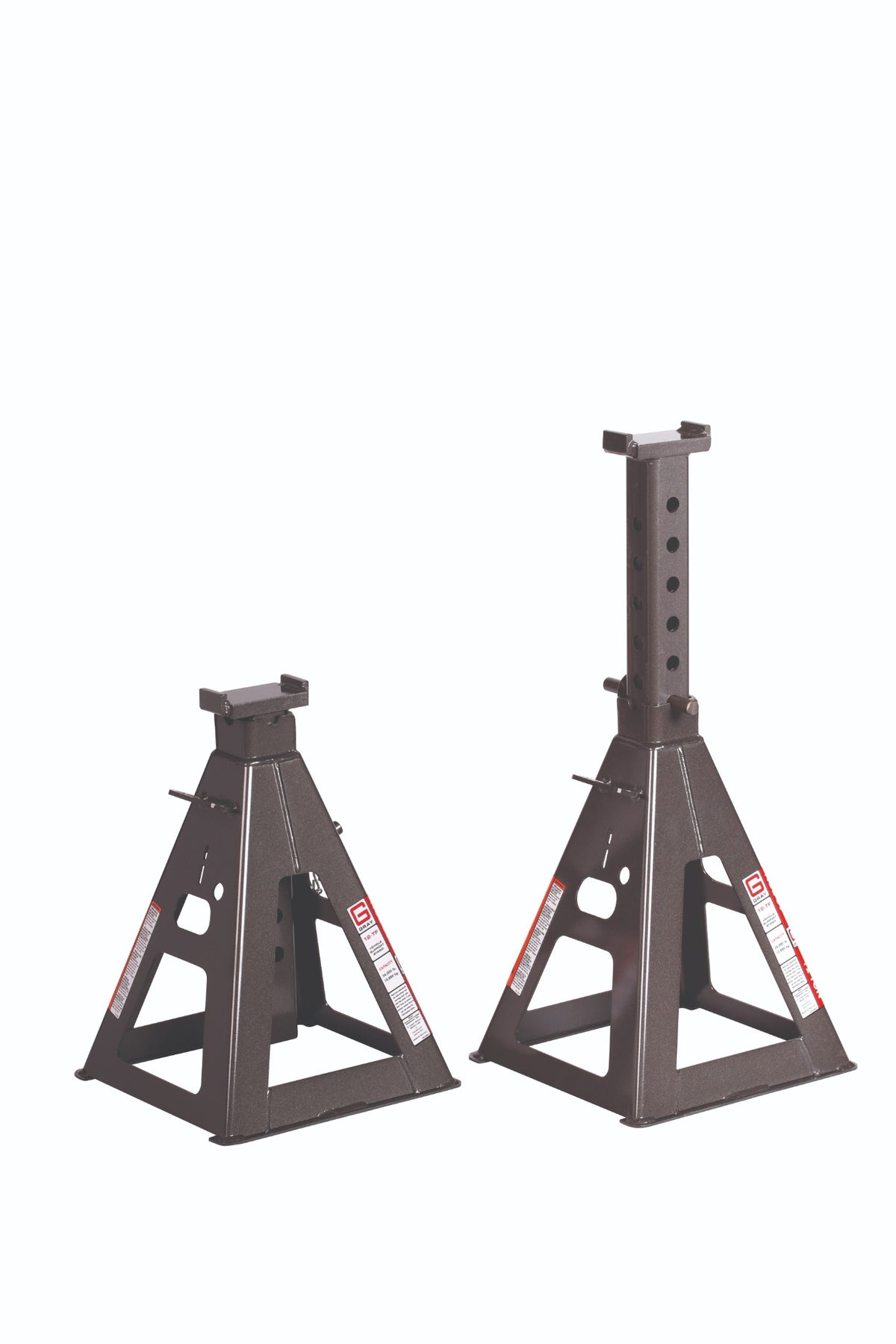 Gray vehicle support stands shown lowered and extended