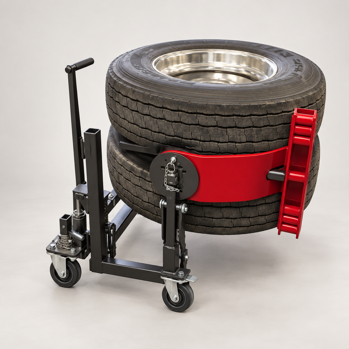 Gray WH-600 dual wheel handler shown holding dual truck wheels