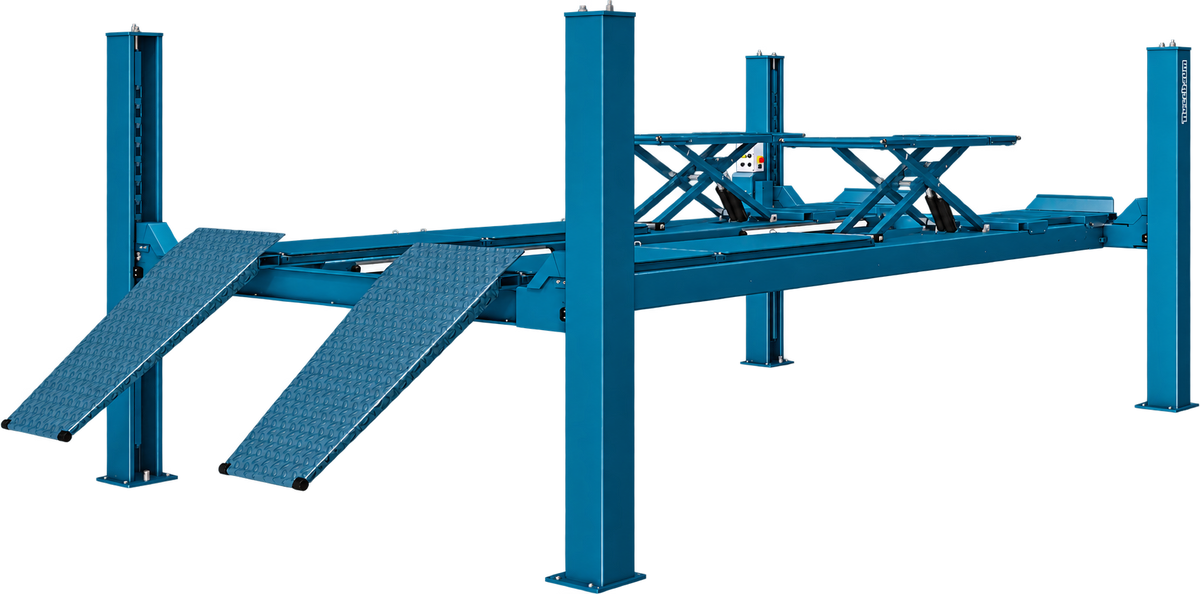 Nussbaum COMBI LIFT four-post lift with wheel-free scissor platforms on a transparent background