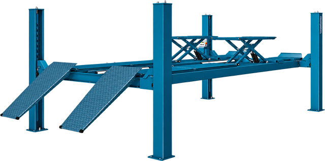 Nussbaum COMBI LIFT four-post lift with wheel-free scissor platforms on a transparent background