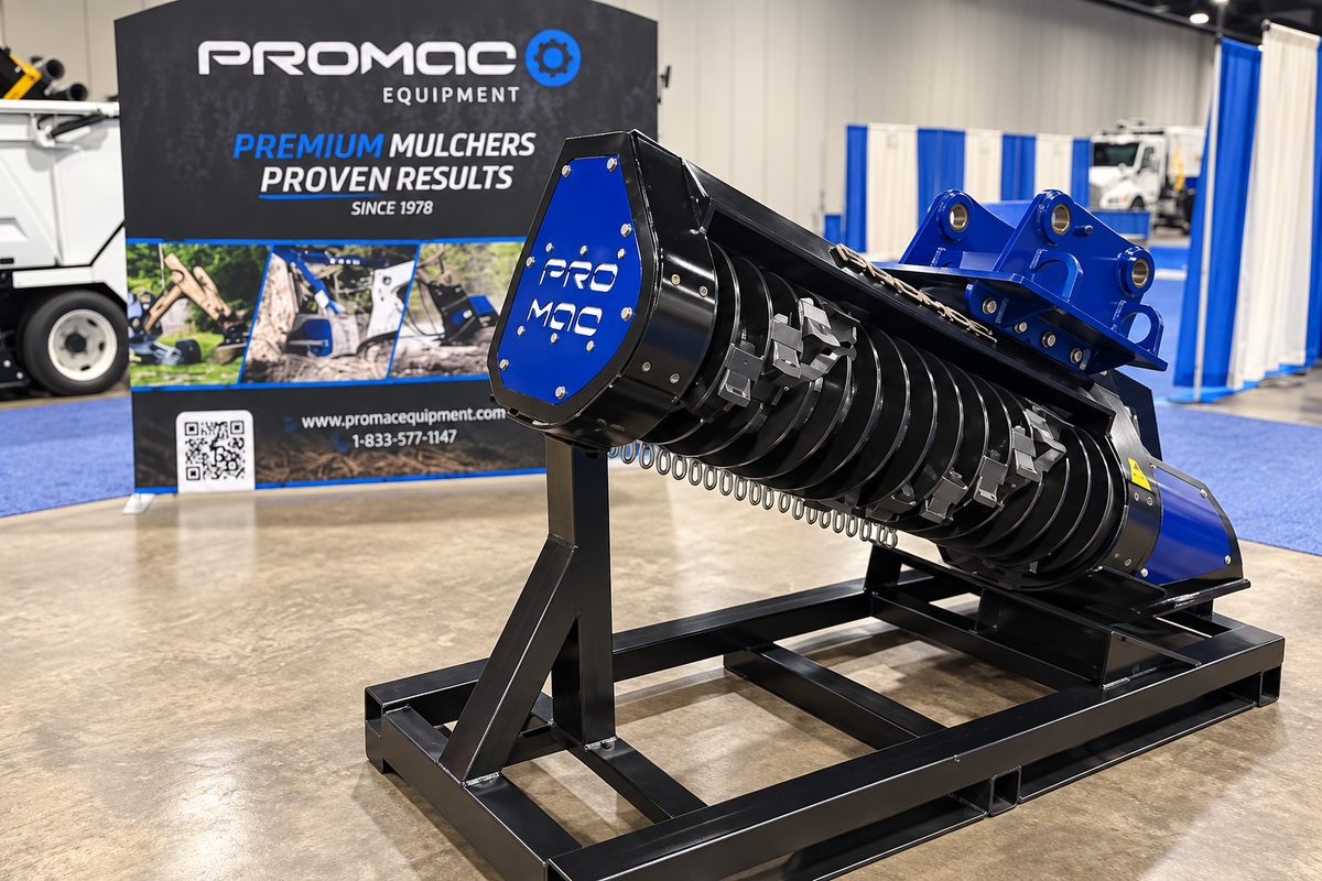 PROMAC industrial mulcher displayed on a steel stand