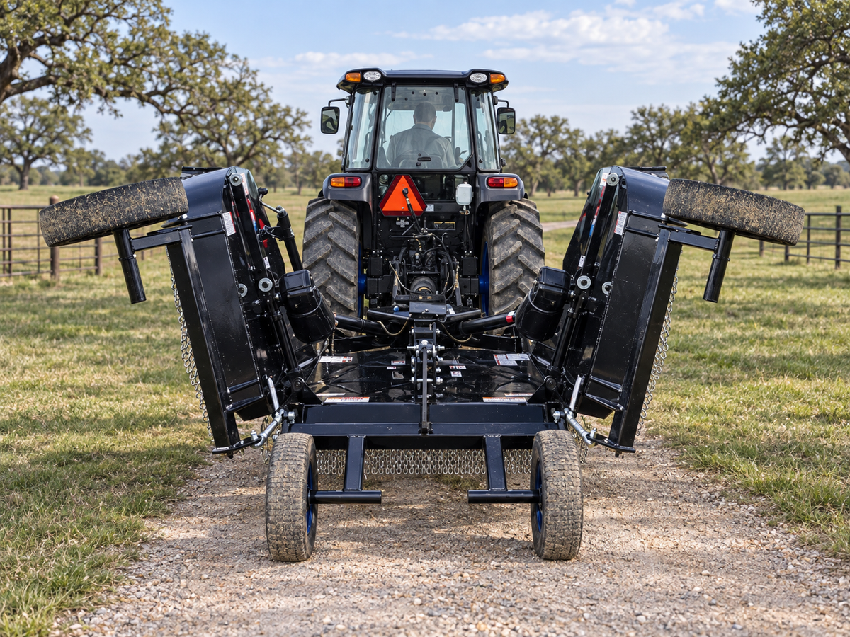 Tractor with folded flexwing rotary cutter on a pasture lane