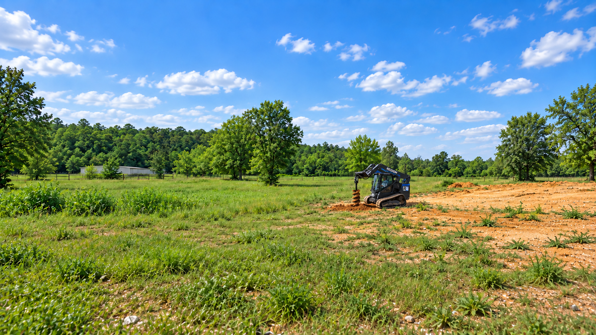 Region Equipment skid steer drilling a post hole with an auger at a rural jobsite.