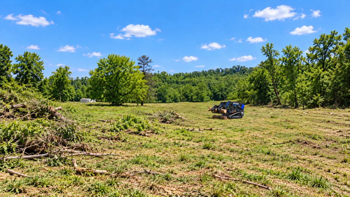 Region Equipment skid steer carrying a log with a root grapple at a land-clearing jobsite.