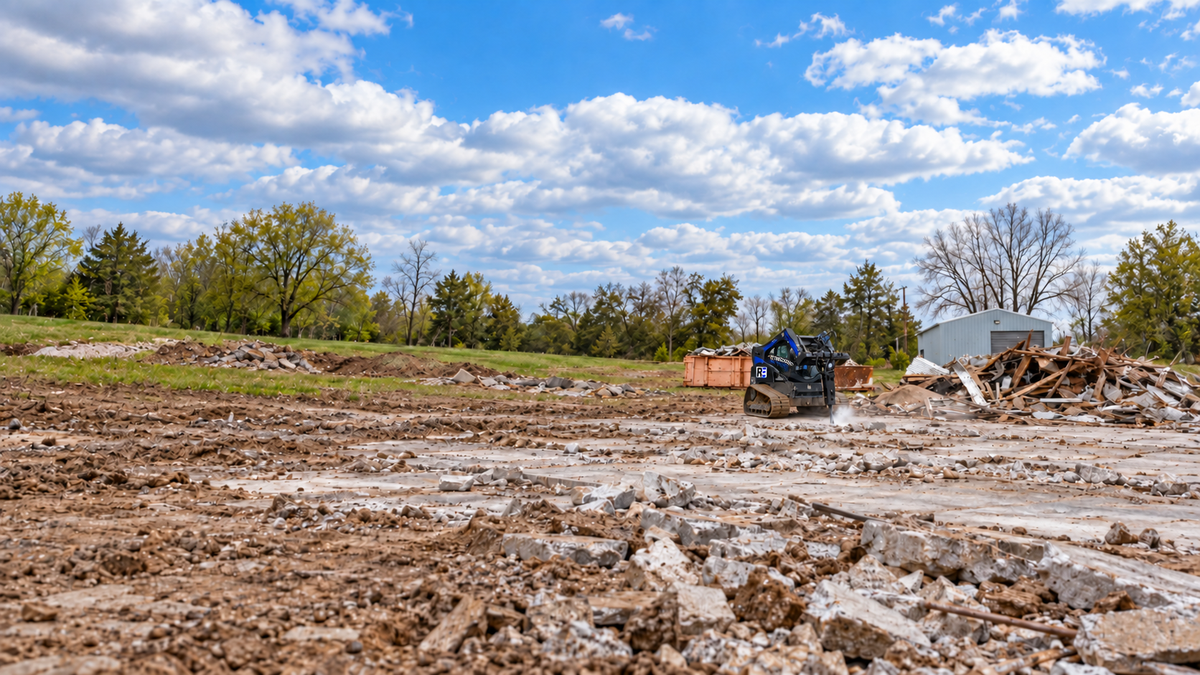 Region Equipment skid steer using a hydraulic breaker on a concrete demolition jobsite.