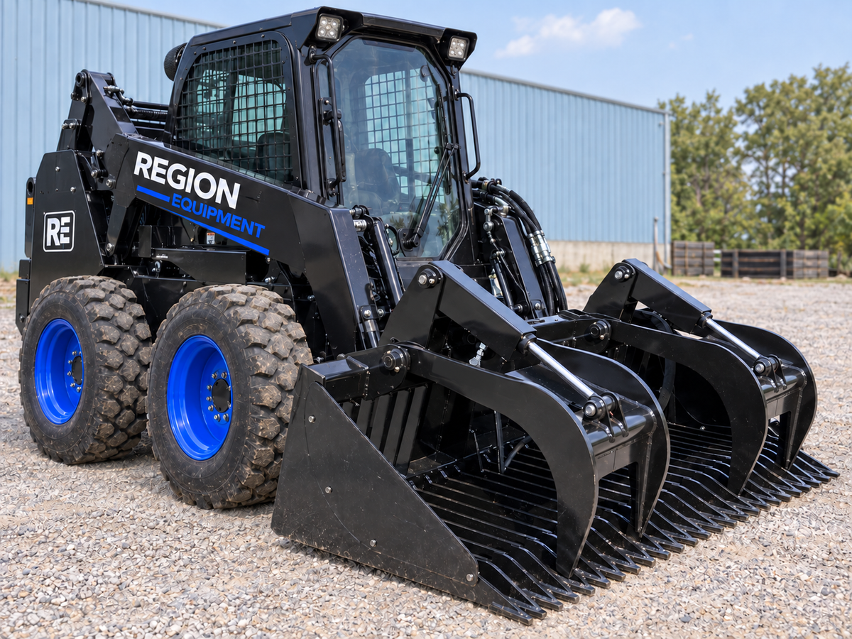 Region Equipment skid steer with a black grapple rake attachment