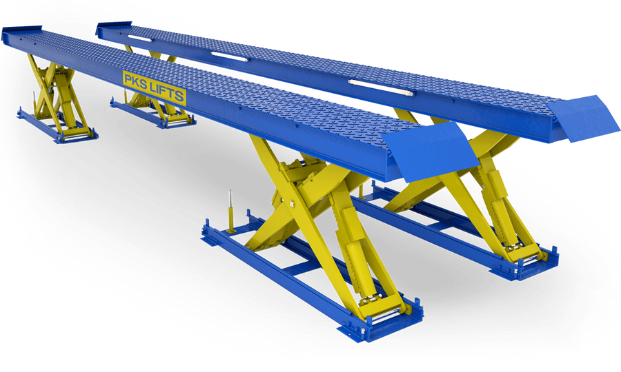 Blue and yellow PKS heavy-duty scissor lift